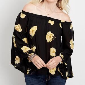 Maurices Floral Black & Yellow Off the Shoulder Top Women's Size Medium